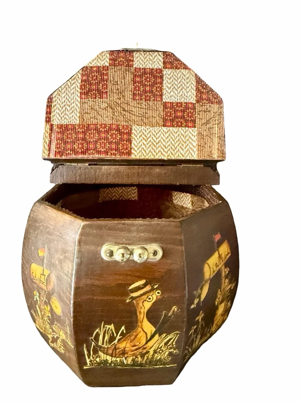 Vintage Handmade Wooden Duck Decoupage Box Purse Lucite Handle, folk art - Picture 10 of 17